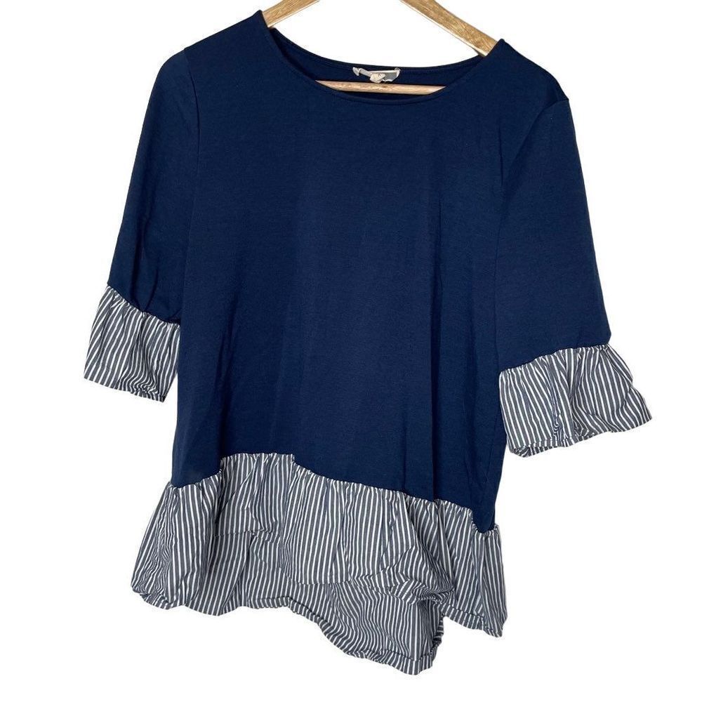 Anthro Pleione Navy Striped Bottom Blouse‎